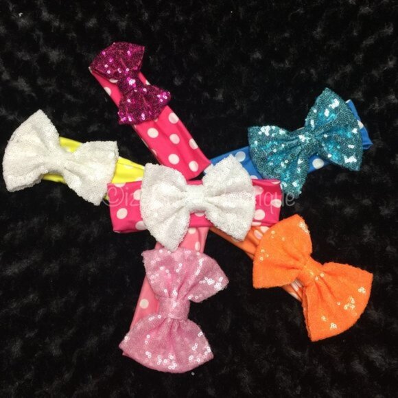 Blue Glitter Big Bow on Blue & White Polka Dot Headband - Picture 2 of 2